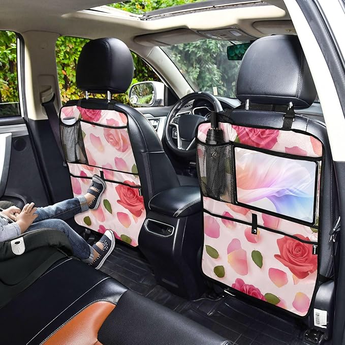 Pink Yellow Rose 2 Pack Backseat Car Organizer with Storage Pockets Seat Back Organizers for Kids Kick Mats Backseat Protector Automotive