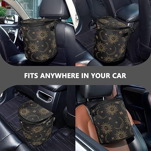ALAZA Boho Bohemian Sun Moon Waterproof Car Trash Can with Lid Cute Car Organizer Bin Insulated Cooler Bag for Back/Front Seat