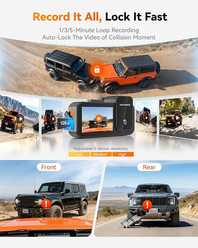 WOLFBOX X5 3 Channel 4K HDR Dash Cam, STARVIS 2 IMX678 8MP Night Vision, 4K+2.5K+1080P Front and Rear Inside Car Camera with 128GB Card and GPS, Support Voice Control, Touch Screen and 5.8GHz WiFi