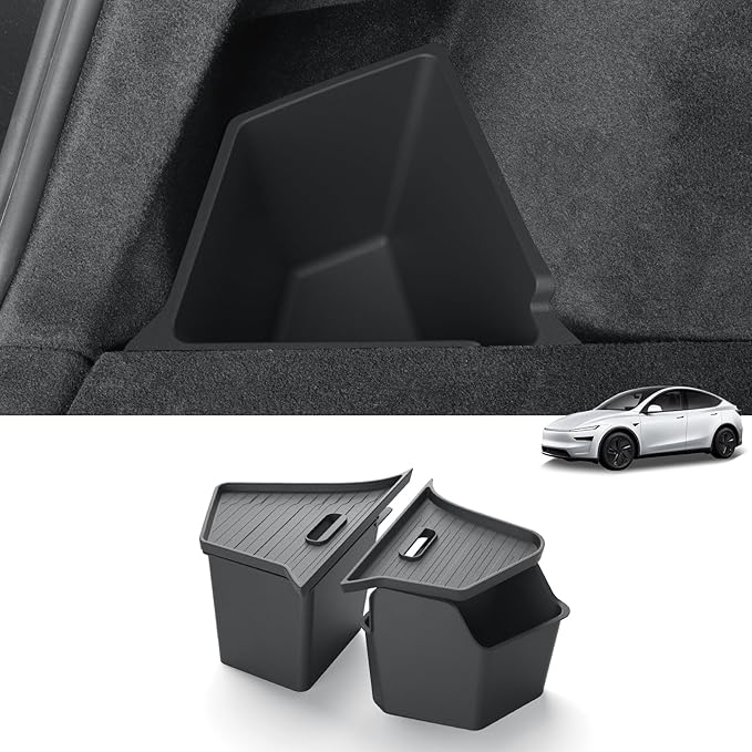 LUCKEASY Rear Trunk Storage Bins Fit for Tesla Model Y Juniper 2025 2026 Trunk Side Storage Box with Lids Rear Cargo Garbage Bins for Model Y Juniper 2025.03-Present Accessories Black TPE