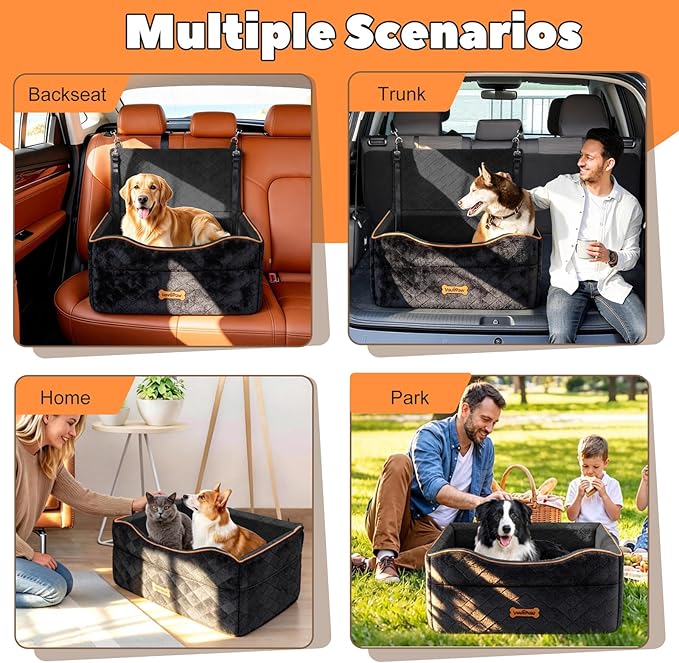 VavoPaw Medium Dog Car Seat, Dog Booster Seat Under 50Lbs or 2 Small Dogs Washable, Pet Car Seats with 2 Safety Leash, Dogs Sofa Bed Cushion Add Thick Sponge, Pet Cars Carrier for Travel, Black