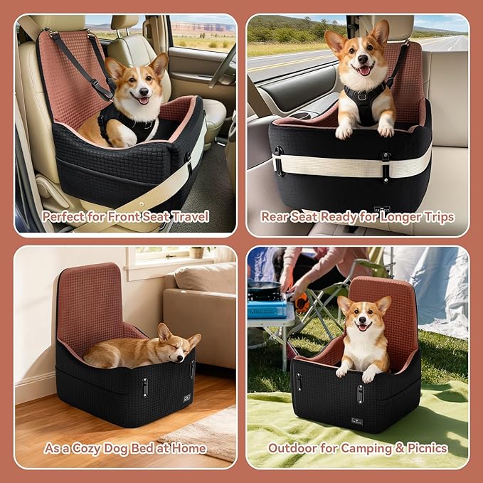 PETSFIT Dog Car Seat for Small/Medium Dogs Up to 35 lbs โ Patented Safety System, 6" Memory Foam Pet Booster Car Seat, Fully Detachable and Washable Dog Carseat with 2 Storage Pockets (Black/Brown)