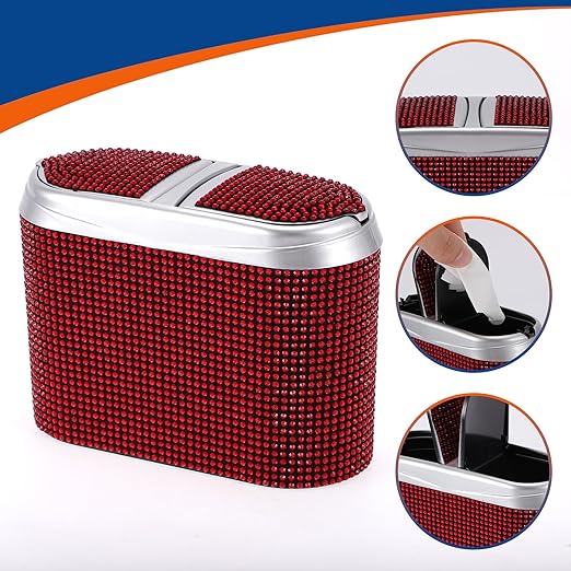 ACROPIX Car Trash Can Trash Bin Hanging 6.3" Length 2.8" Width 4.7" Height Red Black Rhinestone Plastic