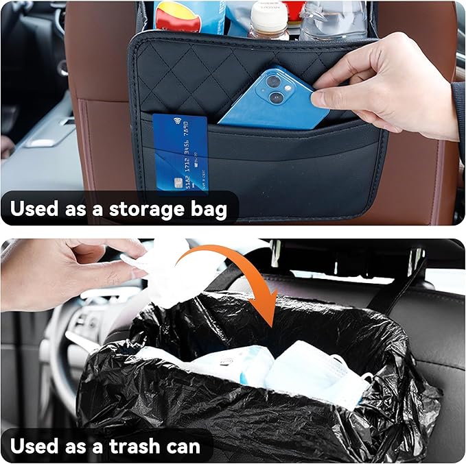 Car Seat Back Hanging Bag, PU Leather Automotive Seat Back Organizer, Multipurpose Vehicle Travel Essentials Accessories for Kids & Adults, Universal for Most Cars (Black)