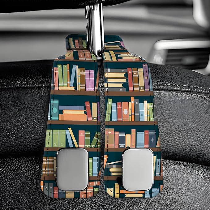 Car Seat Back Storage Headrest Hook, Premium Leather Double Metal Hook, Hanger Storage Organizer for Purse Cloth Bag, Car Interior Accessories Cute Book Shelf