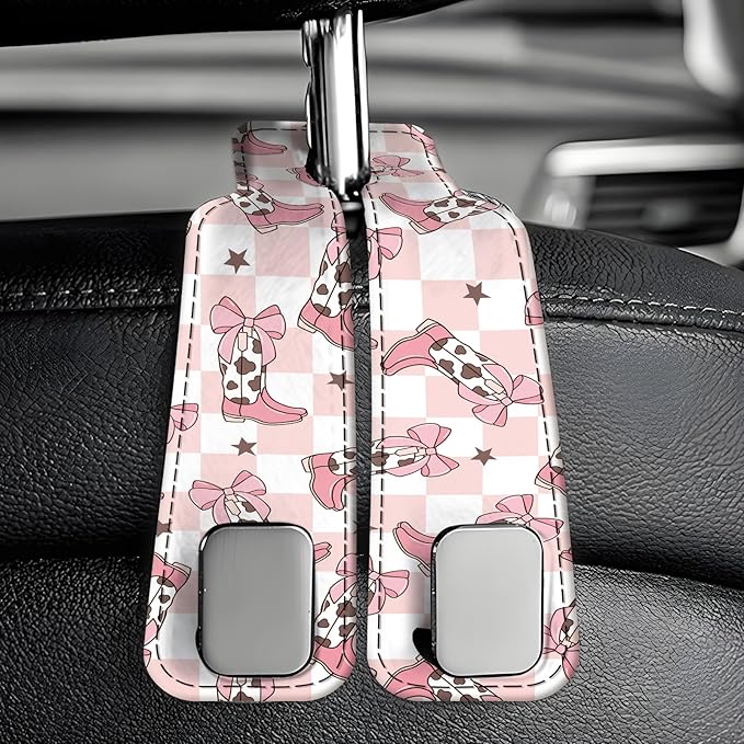 Car Seat Back Storage Headrest Hook, Premium Leather Double Metal Hook, Hanger Storage Organizer for Purse Cloth Bag, Car Interior Accessories Checkered Cow Bowtie