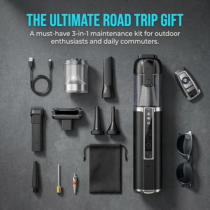 Mini 3-in-1 Car Vacuum Cleaner & Tire Inflator, 18000Pa Brushless Cordless Handheld Vacuum, 150PSI Portable Air Pump for Tires, Compact High Power Car Cleaner with LED Light, Gift