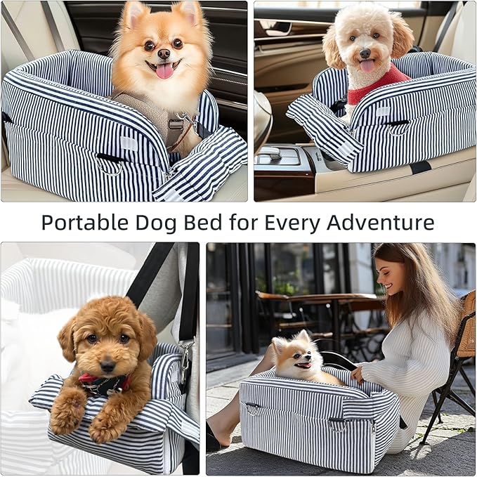 Dog Car Seats for Small Dogs, Puppy Car Seat Under 15 lbs, Small Dog Bed for Travel, Elevated Pet Seat with Safety Belt, Non-Slip Base, and Storage Pockets (Navy)
