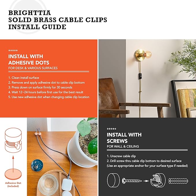 BRIGHTTIA Cable Clips - Premium Brass Cord Management for Home, Office & Car - Multipurpose Wire Holder Organizer - Sleek & Durable Design - Ideal Gift for Men, Women & Students - 4-Pack (Matte Black)
