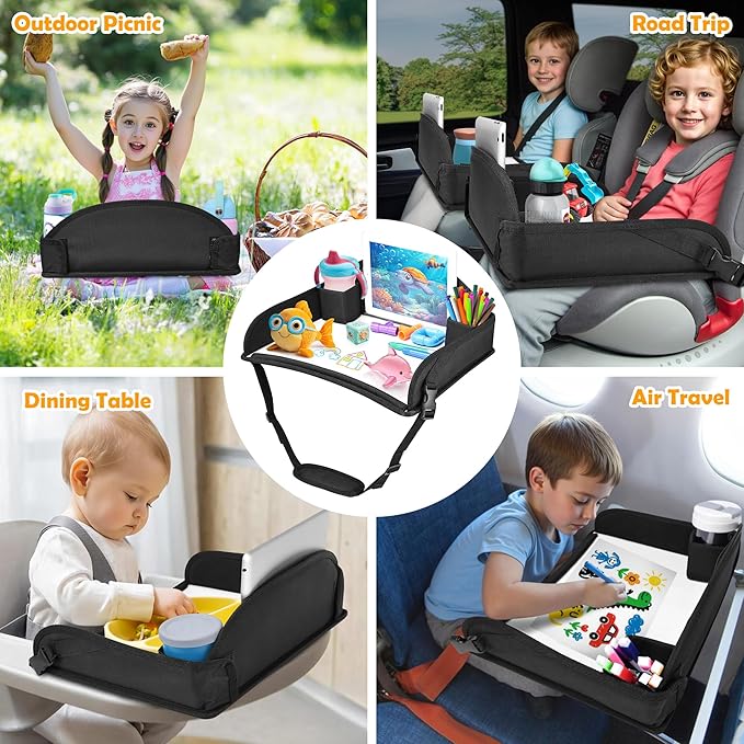 2Pcs Kids Travel Tray for Toddler Carseat, Road Trip Activities Essentials for Toddler, Kids Lap Desk Tray with Tablet Holder Stand & Dry Erase Board (Black-2Pcs)