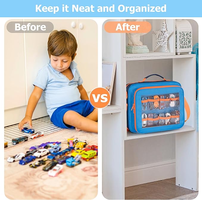 Toy Cars Carry Case Compatible with Hot Wheels Monster Trucks, Travel Truck Storage Compatible with Monster Jam Trucks up to 30, with Display Front Pocket for 1:64 Scale Mini Toy Cars, Blue, Bag Only