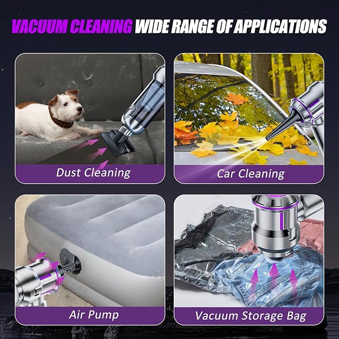 Handheld Car Vacuum Cordless, Mini Vacuum Cleaner Rechargeable, 16000Pa Hand Held Vacuum Cleaner Portable, Small Vacuum with Multi-Nozzles, Dust Duster for Car Home Office Pet (Silver Purple)