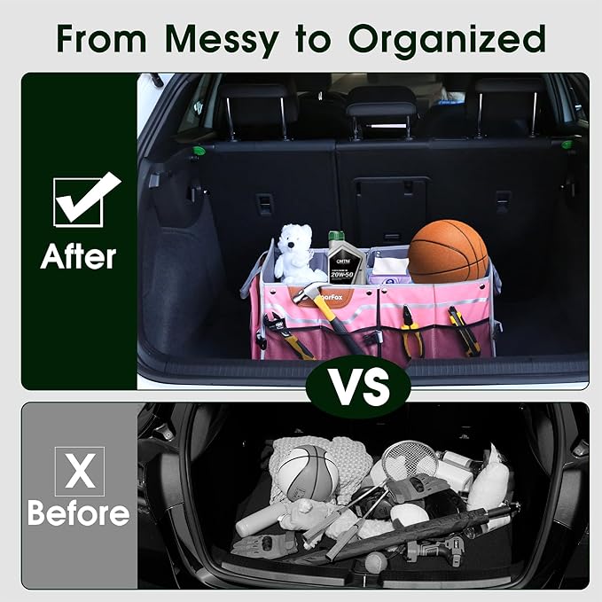 Car Trunk Organizer for SUV, 70L Heavy Duty Waterproof Trunk Organizer, Foldable Vehicle Organizer with Anti-Slip Base, 24”x13.8”x11.8”, Pink-M003