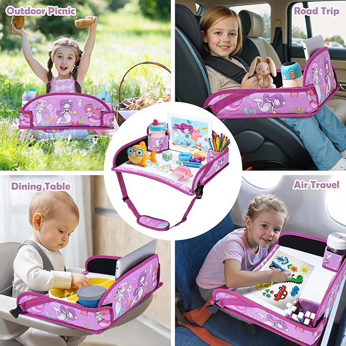 Kids Travel Tray for Toddler Carseat, Road Trip Activities Essentials for Toddler, Kids Lap Desk Tray with Tablet Holder Stand & Dry Erase Board (Mermaid)