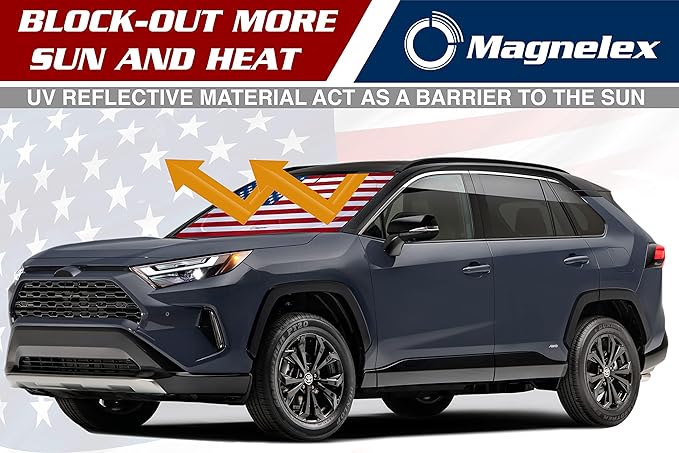 Magnelex American Flag Windshield Sun Shade, High-Resolution Sun Shield with Mirror Cut-Out for Automotive Interior Sun Protection Heat Reduction, Folding Car Sunshade with Storage Bag - X-Large