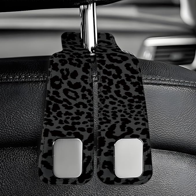 Car Seat Back Storage Headrest Hook, Premium Leather Double Metal Hook, Hanger Storage Organizer for Purse Cloth Bag, Car Interior Accessories Luxury Black Leopard