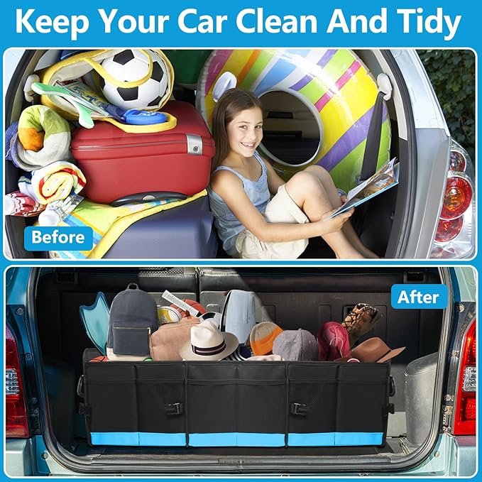 Trunk Organizer for Car, Car Storage Organizer with 2 adjustable straps, 95L Large Capacity Cargo Organizer for Suv, Truck, Sedan, Waterproof Portable Car Organizers for Women Men(Blue)