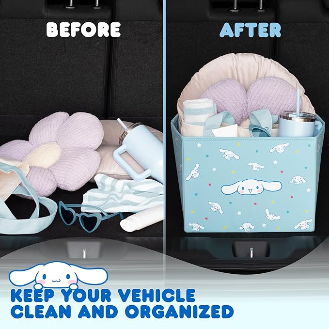 Sanrio Cinnamoroll Car Trunk Organizer & Steering Wheel Cover Set – Cute, Non-Slip, Soft Grip Car Accessories for Women – Collapsible Storage Bin for Groceries, Tools & Travel – 12.5"L x 12.5"W x 9"H