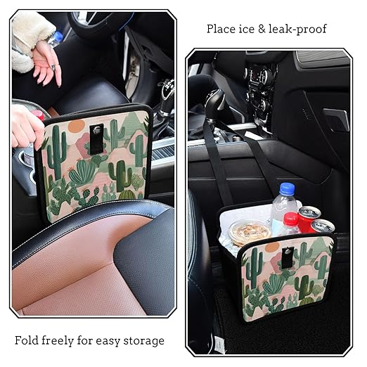 Car Trash Can Organizer Bin with Adjustable Strap for Back Front Seat Console Waterproof Leakproof Collapsible Portable 8.66 Inch Boho Cacti Mountains and Sun