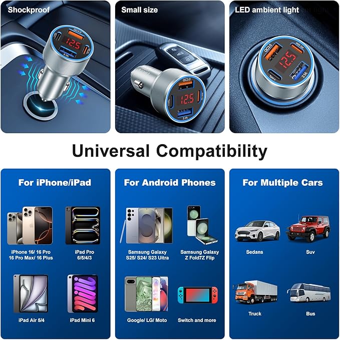 USB C Fast Car Charger, 2Pack 4-Port Fast Charging Car Charger with Voltage Display, Type C Car Chargers for Multiple Devices,USBC Phone Adapter for iPhone 17 16 15 Pro Max,Galaxy,iPad,Pixel,Android