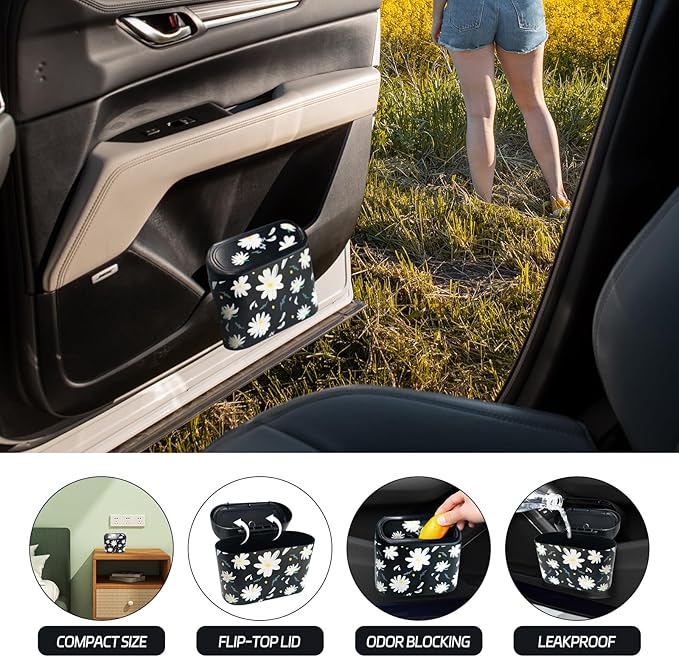 Mini Car Trash Can with Lid β Cute Floral Car Interior Accessory with 5 Trash Bags, Small Automotive Organizer for Front and Back Seat, Universal Fit Trash Bin for SUV, Sedan, Truck, Office or Home