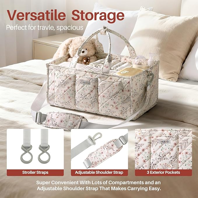 Extra Large Diaper Caddy Organizer – Big Baby Essentials Nursery Storage Basket with Zipper Pocket & Shoulder Strap, Splashproof Travel Tote for Twins, Gifts for Baby Shower, Beige Floral