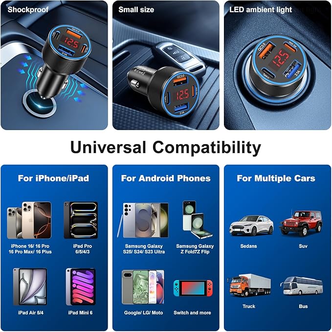 65W iPhone Car Charger Fast Charging, 2Pack 4 Port USB C Fast Car Charger+6ft Type C to C Cable, Dual USB-C&USB-A Cigarette Lighter Adapter with Voltmeter for iPhone 17 16 15 Pro Max,iPad,Galaxy,Pixel
