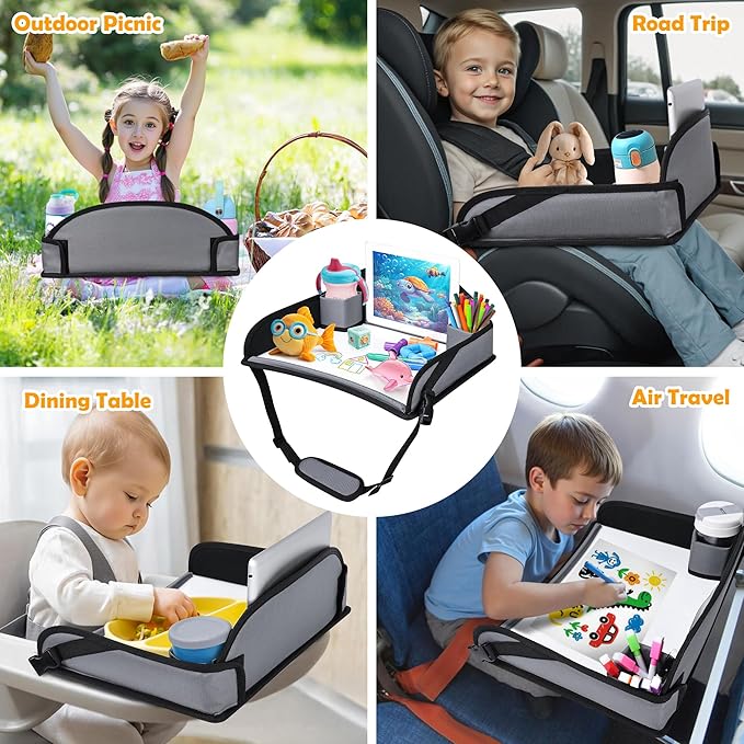 Kids Travel Tray for Toddler Carseat, Road Trip Activities Essentials for Toddler, Kids Lap Desk Tray with Tablet Holder Stand & Dry Erase Board (Grey)