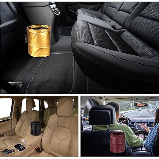 HARFINGTON 3 Packs Car Trash Can 0.9 Gallon Foldable Leak-Proof Garbage Organizer Portable Hanging Waterproof Truck Trash Bins for Van Automotive Vehicle Front Seat, Gold