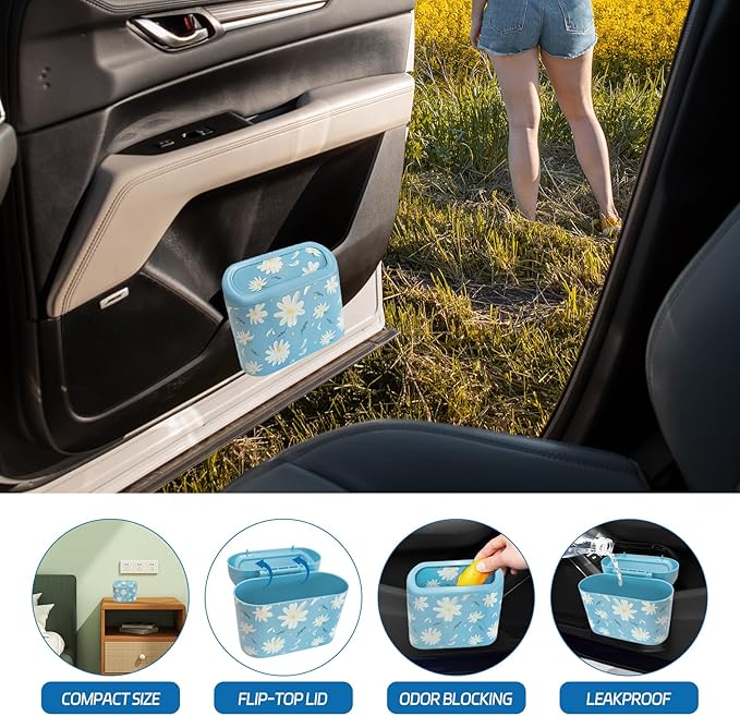 Mini Car Trash Can with Lid ā Cute Floral Trash Can for Women, Automotive Garbage Bin with 5 Bags, Organizer for Front and Back Seat, Girly Car Accessories for SUV, Truck, Sedan, Teen Girls