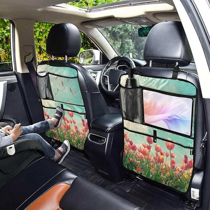 Beautiful Spring Tulips and Herringbone Birds 2 Pack Backseat Car Organizer with Storage Pockets Seat Back Organizers for Kids Kick Mats Backseat Protector Automotive