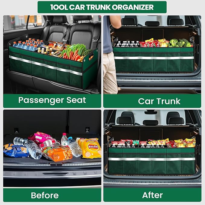 Car Trunk Organizer, Car Storage Organizer, Collapsible Multi Compartment for Car, Suv, Sedan, Truck, 100L, Extra Larger (Green, 100L)