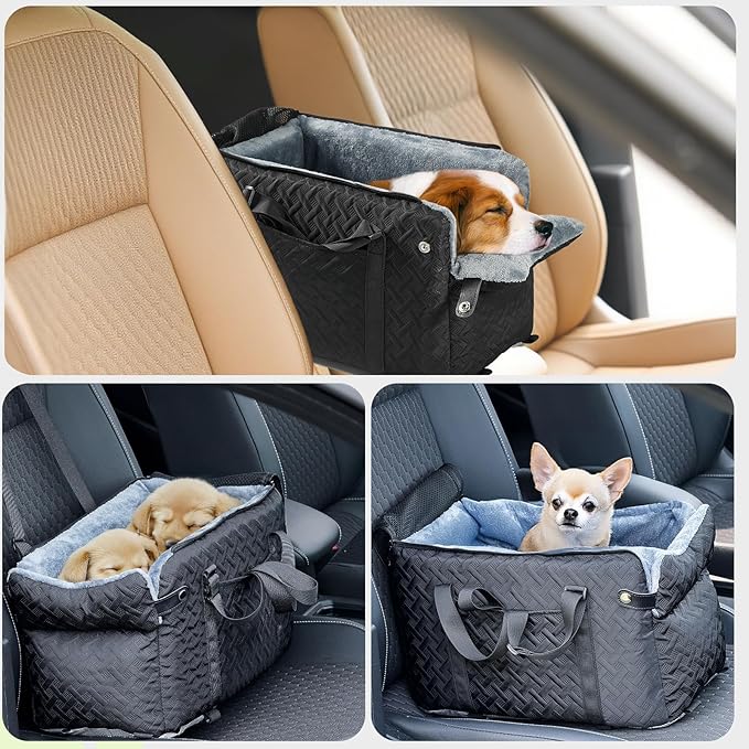 Center Console Dog Car Seat for Small Dogs Cats (Up to 15 lbs) - Washable, Foldable Pet Booster Seat with Safety Hooks, Adjustable Straps & Storage Pocket