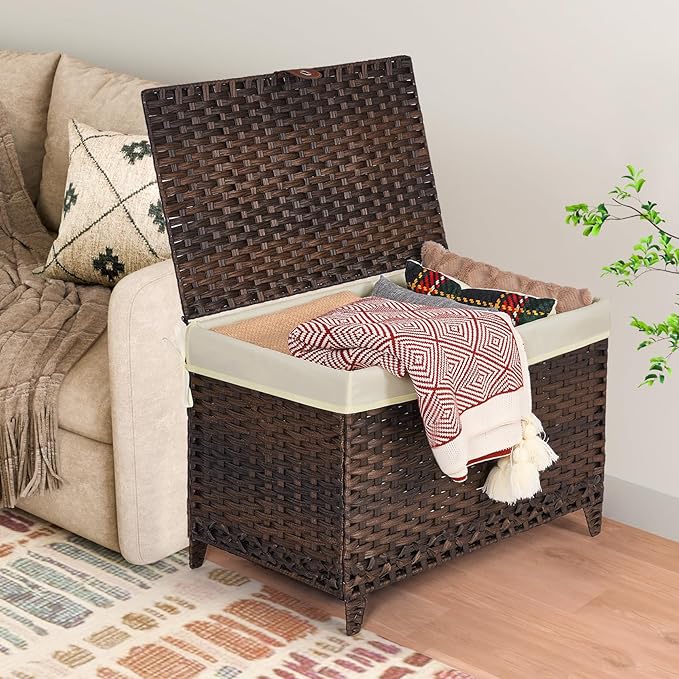 Honjourai Wicker Storage Basket with Lid,Rattan Shelf Basket with Removable Liner Bag,200L Storage Bin,Storage Trunk with Heightened Feet,Storage Container for Wardrobe,Home Organizer