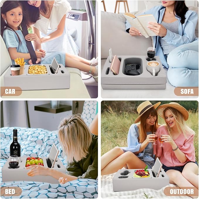 INNO STAGE Couch Cup Holder Pillow - Sofa Cup Holder with Stainless Steel Bowl Couch Drink Caddy Remote Snacks Cozy Mug Cupholder Buddy for Bed, Car, Man Cave, Rv, Tv, Backseat (PUGrey)