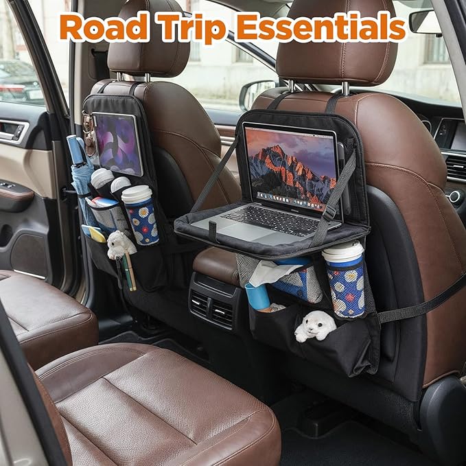 2 Pack Backseat Car Organizer with Touch Screen Tablet Holder, Travel Accessories with 9 Storage Pockets, Seat Back Protectors, Kick Mats for Kids & Adults, Fits Most Vehicles (Black)