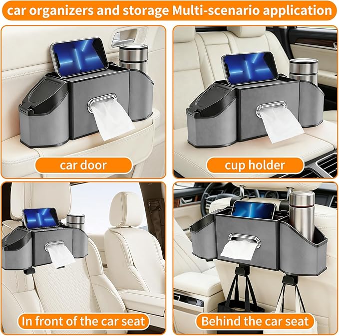 7-in-1 Multifunctional Car Seat Back Organizer, Car Back Seat Storage Box Trash Can & Cup Holder with Tissue Box, Hooks, Universal Fit for Most Cars, SUVs, Trucks (Grey)