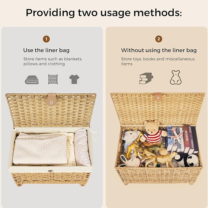 Honjourai Wicker Storage Basket with Lid,Rattan Shelf Basket with Removable Liner Bag,200L Storage Bin,Storage Trunk with Heightened Feet,Storage Container for Wardrobe,Home Organizer