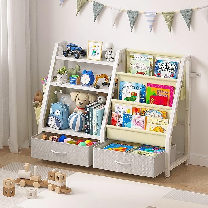 Kids Bookshelf and Toy Organizer, Sturdy 3 Tier Kid Bookcase, Sling Bookshelf and 2 Toy Bins, Toddler Montessori Book Shelf with Toy Storage Organizer for Children Room, Playroom, Nursery