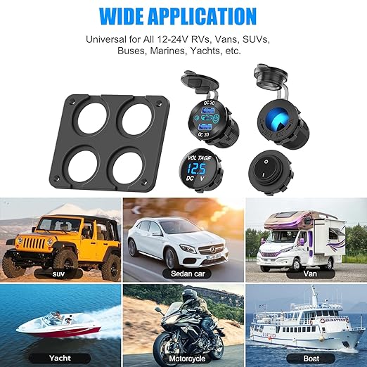 12 Volt USB Outlet RV Accessory 12V Marine Switch Panel, Dual PD30W and QC18W Car USB Port Aluminum Charger, Lighted 150W Cigarette Lighter Socket, Blue LED Voltmeter and Rocker Switch, 4 IN 1 DIY Kit