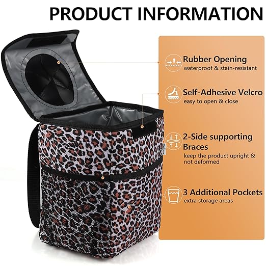 Big Ant Leopard Car Trash Can with Lid & Coasters | 2 Gallon Leak-Proof Hanging Garbage Bin for Back Seat | Waterproof Storage Organizer & Cooler Bag for Road Trips, SUVs & Family Travel