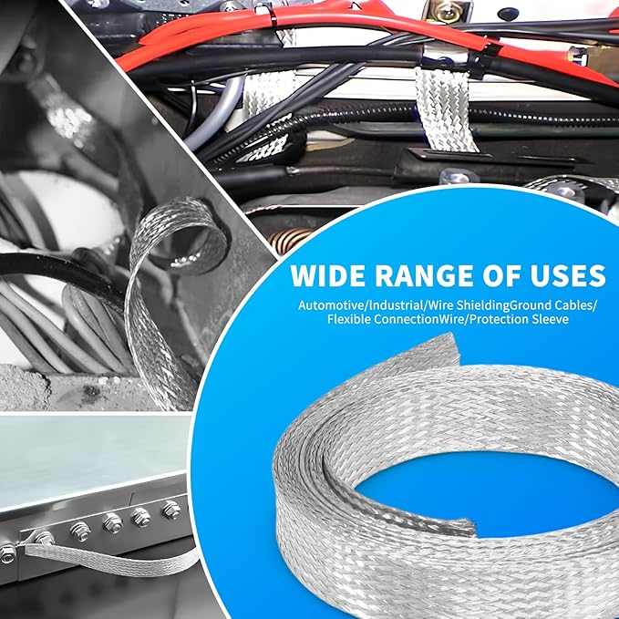 Tinned Copper Cable Sleeve, 15ft Expandable Mesh Braided Sleeving, Flexible Metal Ground Straps Wire Harness Protector (Silver, 1" Wide)
