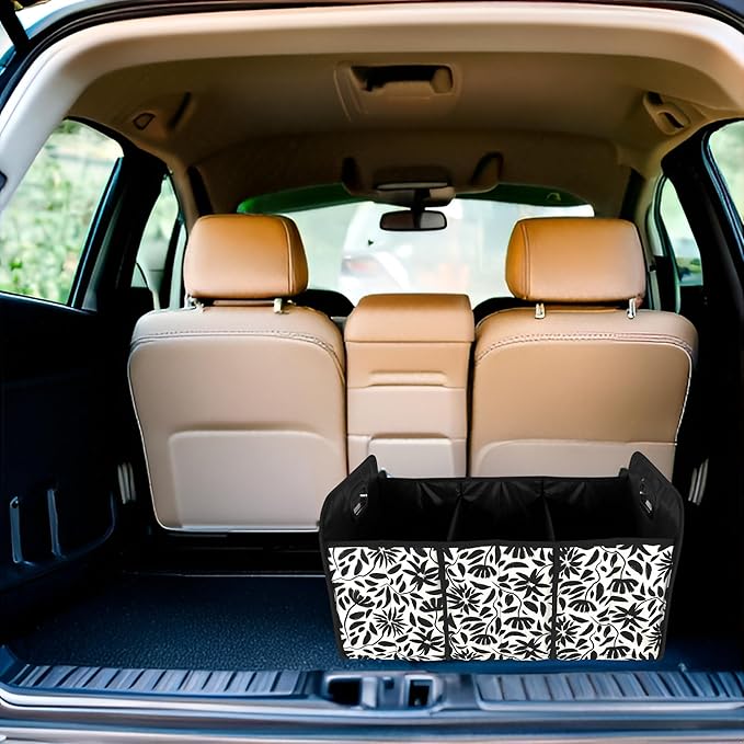 Steel Mill & Co Car Storage Bin, Car Accessories for Women, Cute Diaper Caddy/Trash/Grocery Tote for Vehicle, Trunk Organizer with Compartments, Hand Drawn Black Floral