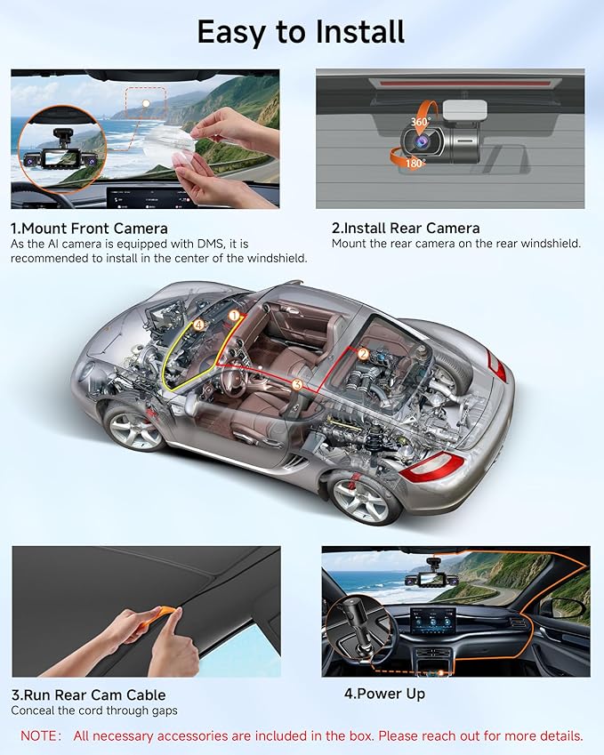 4K STARVIS 2 Dash Cam Front and Rear, 360° 4 Channel Dash Camera for Cars, Car Video Recorder with AI Driver Monitor System, Free 64GB Card, 5GHz WiFi GPS, WDR Night Vision HDR,24H Parking Mode(N900)