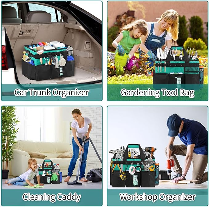 Cleaning Bags for Housekeepers, Large Cleaning Supplies Organizer with Handles & Shoulder Strap, Cleaning Caddy Bag with Foldable Divider for Cleaners, Car Horse Cleaning Bag (Green)