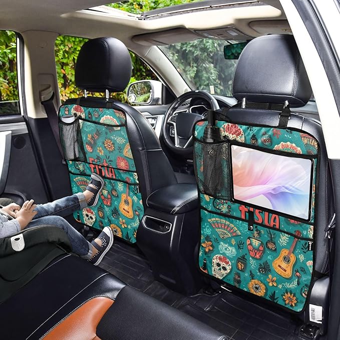 2 Pack Back Seat Car Organizer with Storage Pockets Kick Mats Back Seat Protector Hanging Car Organizer Automotive Seat Back Cover Organizers Fiesta Mexican Green Skulls Guitars Flowers
