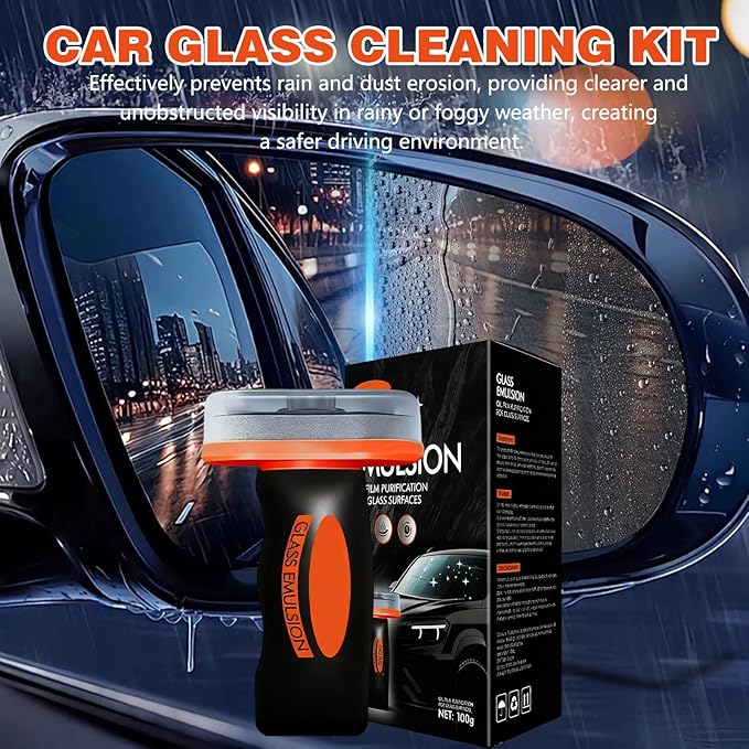 Glass Oil Film Remover for Car, Automotive Glass Cleaner with Cleaning Board,Removes Oil Film & Smudges, Improve Windshield Clarity for Safe Driving(1pcs)