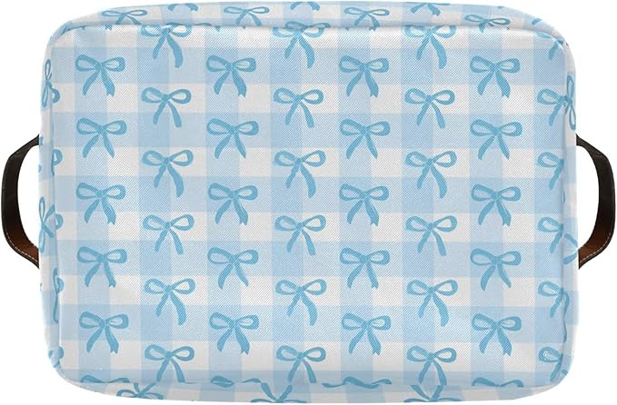 Wamika Bow Blue Storage Basket with Waterproof Liner and PU Handles Bowknot Cute White Storage Bins Boxes 14.2" Collapsible Decorative Organizer Baskets for Bedroom Closet Office 1 Pack