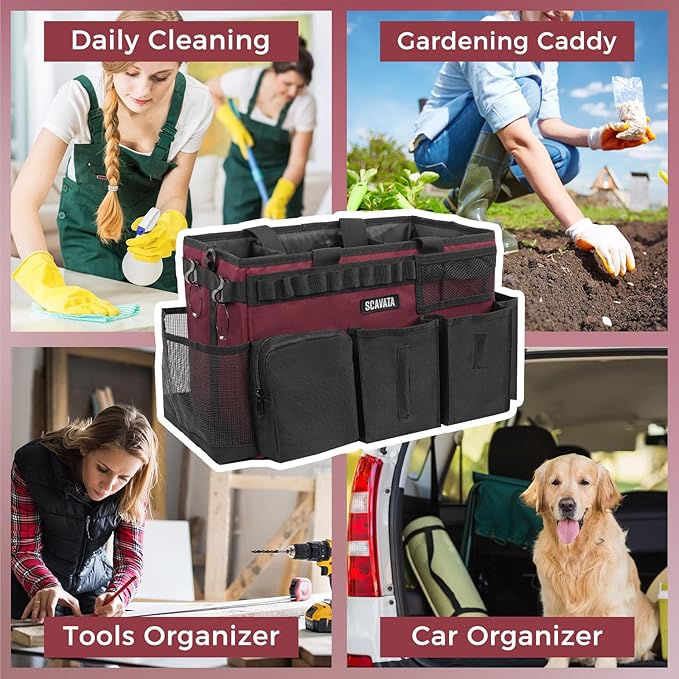 Wearable Cleaning Caddy Bag, Cleaning Caddy Supplies Organizer with Handle & Shoulder Straps for Housekeepers, Under Sink & Car Cleaning Tool Organizers with 4 Foldable Divider (Magenta)