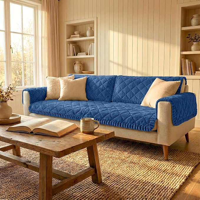 Smiry Fuzzy Couch Cover for Dogs, Non Slip Washable Pet Sofa Cover, Scratch Proof Hair Resistant Plush Sofa Slipcover, Pet Friendly Couch Cushion Protector for Cat, Navy, 27.6" x 27.6"